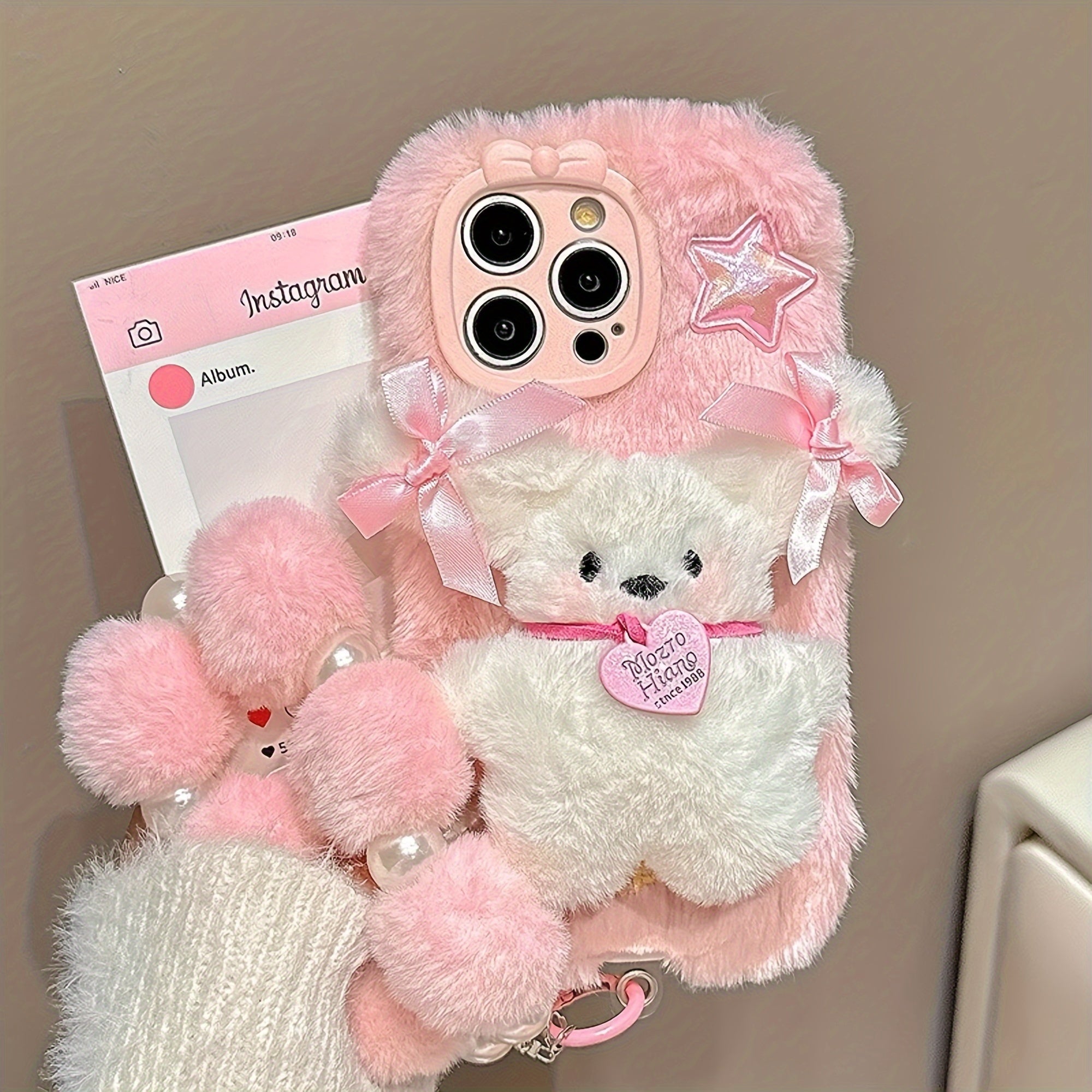 Three-Dimensional Bow Dog Plush Mobile Phone Case with Bracelet for Iphone 16 Pro Max Autumn And Winter New Plush